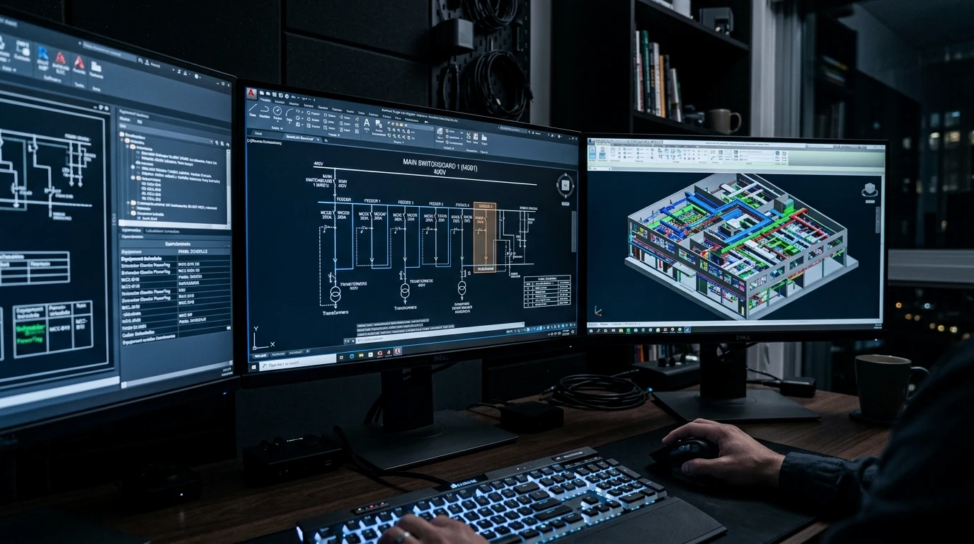 Ekrany z modelami CAD/BIM i schematami
